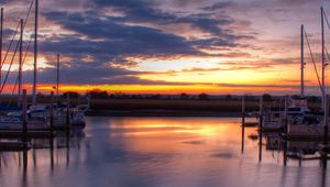 Preview wallpaper pier, boats, water, sunset, landscape