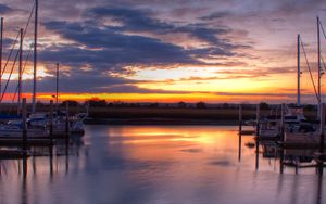 Preview wallpaper pier, boats, water, sunset, landscape