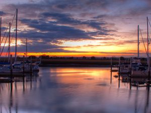 Preview wallpaper pier, boats, water, sunset, landscape