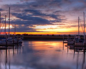 Preview wallpaper pier, boats, water, sunset, landscape