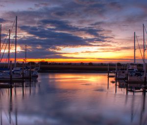 Preview wallpaper pier, boats, water, sunset, landscape