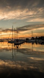 Preview wallpaper pier, boats, yachts, lake, reflection, twilight