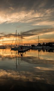 Preview wallpaper pier, boats, yachts, lake, reflection, twilight