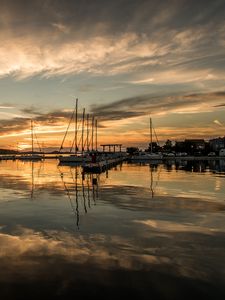 Preview wallpaper pier, boats, yachts, lake, reflection, twilight