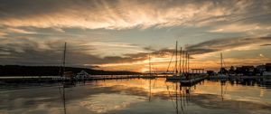 Preview wallpaper pier, boats, yachts, lake, reflection, twilight