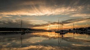 Preview wallpaper pier, boats, yachts, lake, reflection, twilight