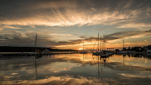 Preview wallpaper pier, boats, yachts, lake, reflection, twilight