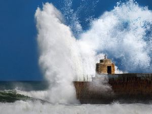 Preview wallpaper pier, breakwater, sea, wave, blow, ocean, storm, stone