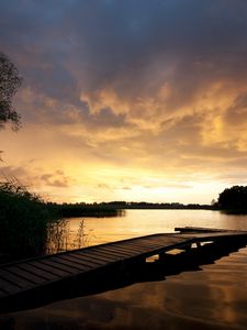 Preview wallpaper pier, bridge, lake, decline, coast, outlines