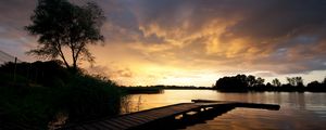 Preview wallpaper pier, bridge, lake, decline, coast, outlines