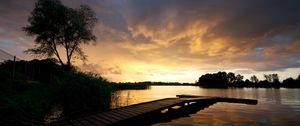 Preview wallpaper pier, bridge, lake, decline, coast, outlines