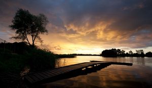 Preview wallpaper pier, bridge, lake, decline, coast, outlines