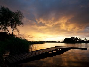 Preview wallpaper pier, bridge, lake, decline, coast, outlines