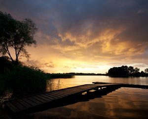 Preview wallpaper pier, bridge, lake, decline, coast, outlines