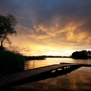 Preview wallpaper pier, bridge, lake, decline, coast, outlines