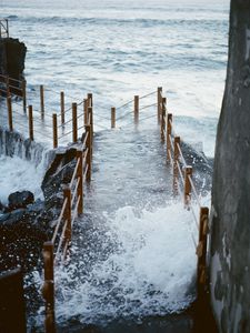 Preview wallpaper pier, bridge, surf, wave, sea