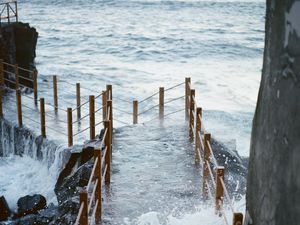 Preview wallpaper pier, bridge, surf, wave, sea