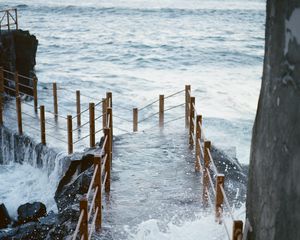 Preview wallpaper pier, bridge, surf, wave, sea