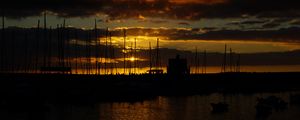 Preview wallpaper pier, building, boats, twilight, dark