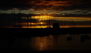 Preview wallpaper pier, building, boats, twilight, dark