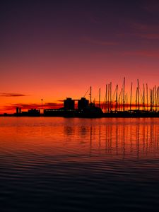 Preview wallpaper pier, buildings, boats, silhouettes, water, sunset, dark