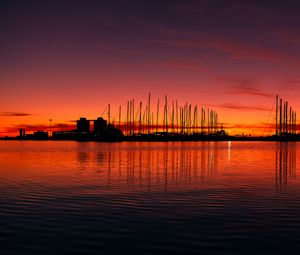 Preview wallpaper pier, buildings, boats, silhouettes, water, sunset, dark