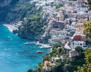 Preview wallpaper pier, buildings, yachts, sea, trees