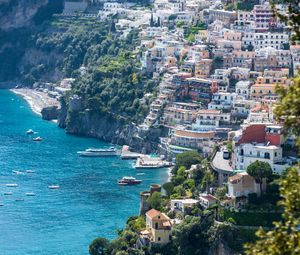 Preview wallpaper pier, buildings, yachts, sea, trees