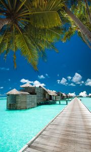 Preview wallpaper pier, bungalow, palm tree, sky, clouds