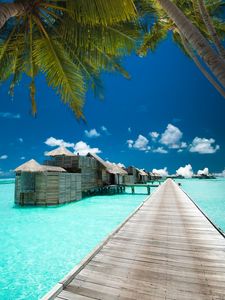 Preview wallpaper pier, bungalow, palm tree, sky, clouds