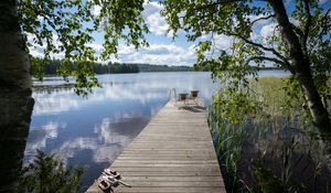 Preview wallpaper pier, chairs, lake, nature, landscape