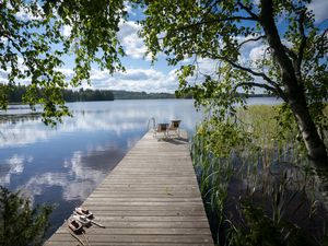 Preview wallpaper pier, chairs, lake, nature, landscape