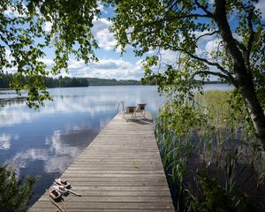 Preview wallpaper pier, chairs, lake, nature, landscape