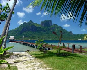 Preview wallpaper pier, coast, bridge, mooring, arbor, tropics, palm trees, mountain