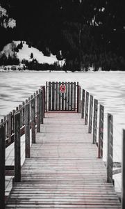 Preview wallpaper pier, fence, lake, ice, winter