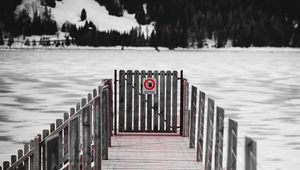 Preview wallpaper pier, fence, lake, ice, winter