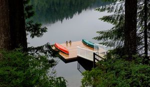 Preview wallpaper pier, forest, trees, lake, reflection