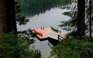 Preview wallpaper pier, forest, trees, lake, reflection