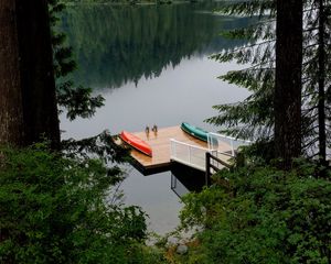 Preview wallpaper pier, forest, trees, lake, reflection