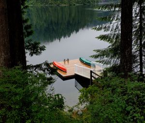 Preview wallpaper pier, forest, trees, lake, reflection