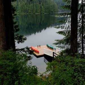 Preview wallpaper pier, forest, trees, lake, reflection