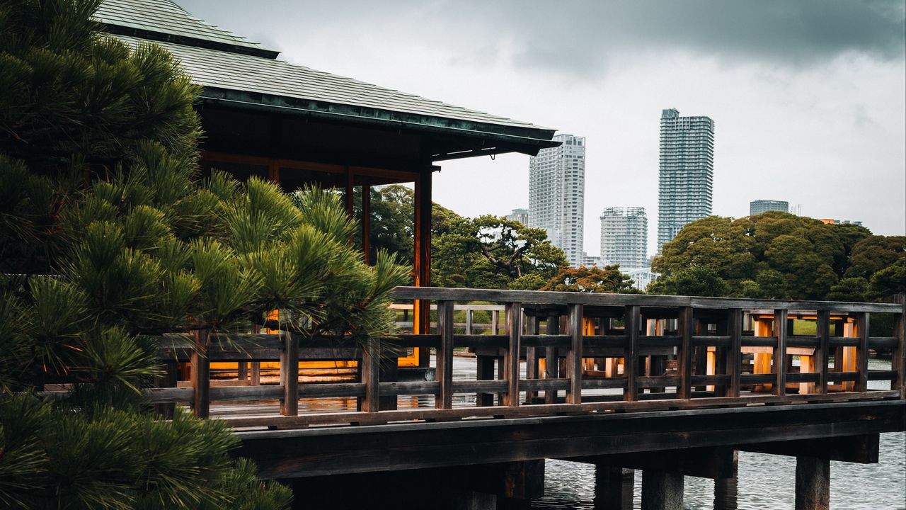 Wallpaper pier, gazebo, buildings, pilings, water