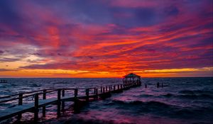 Preview wallpaper pier, gazebo, sea, waves, sunset