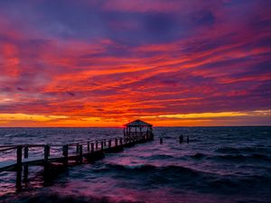 Preview wallpaper pier, gazebo, sea, waves, sunset