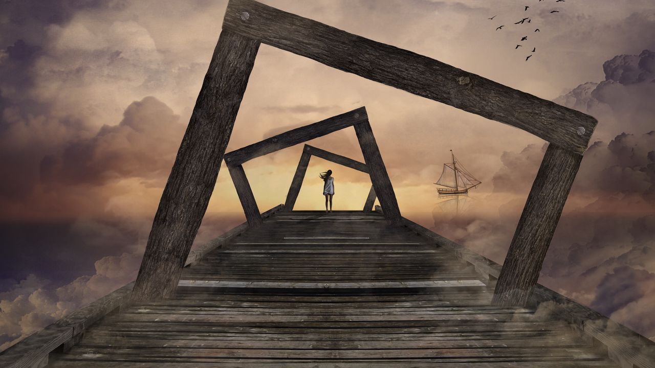 Wallpaper pier, girl, surrealism, frameworks, wooden, clouds, ship