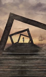 Preview wallpaper pier, girl, surrealism, frameworks, wooden, clouds, ship