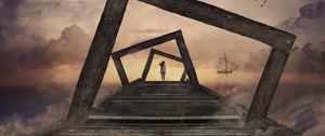 Preview wallpaper pier, girl, surrealism, frameworks, wooden, clouds, ship