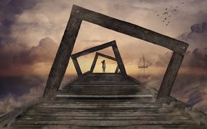 Preview wallpaper pier, girl, surrealism, frameworks, wooden, clouds, ship