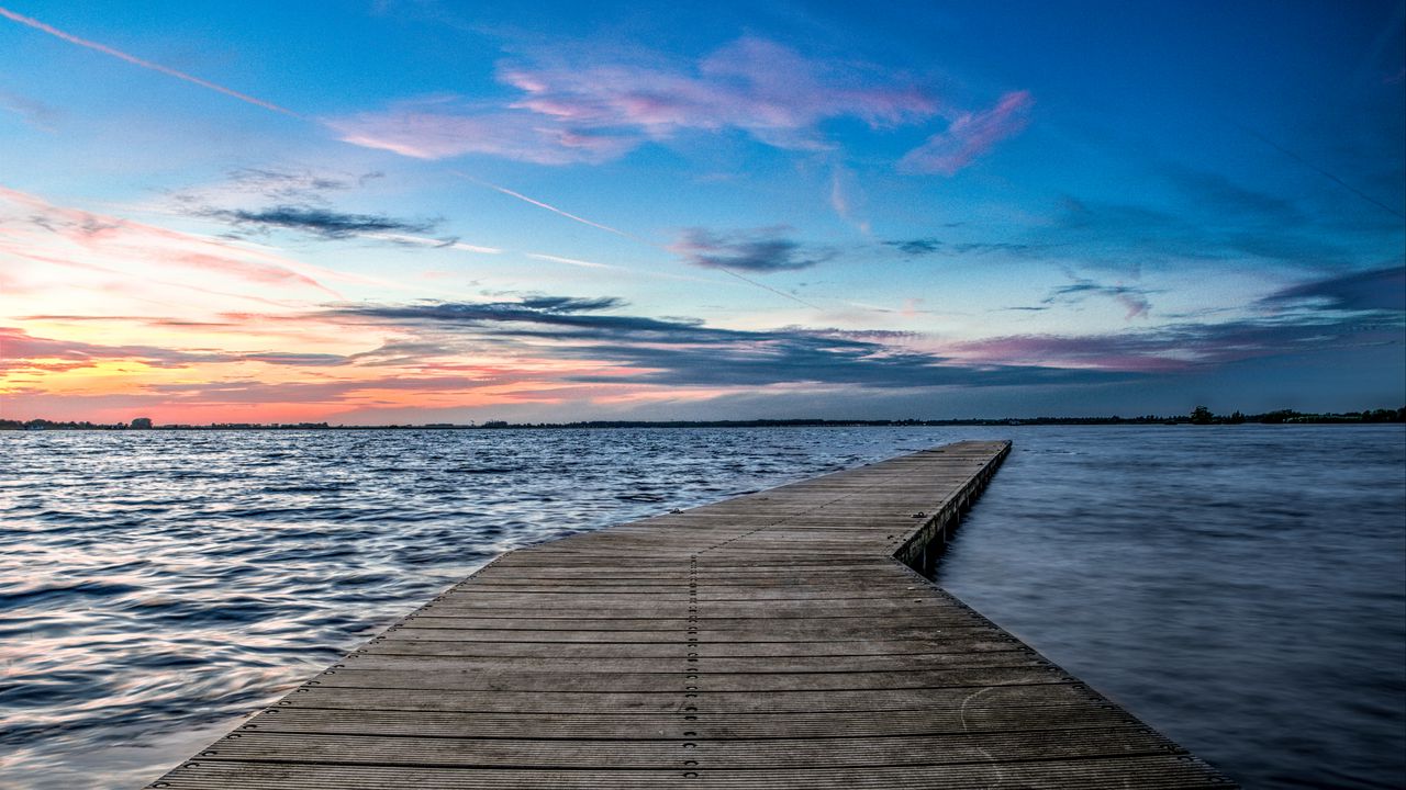 Wallpaper pier, horizon, sunset, water, wooden