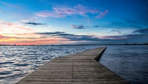 Preview wallpaper pier, horizon, sunset, water, wooden